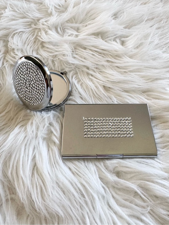 Accessories - GLAM silver rhinestone embellished compact mirror and business card holder set